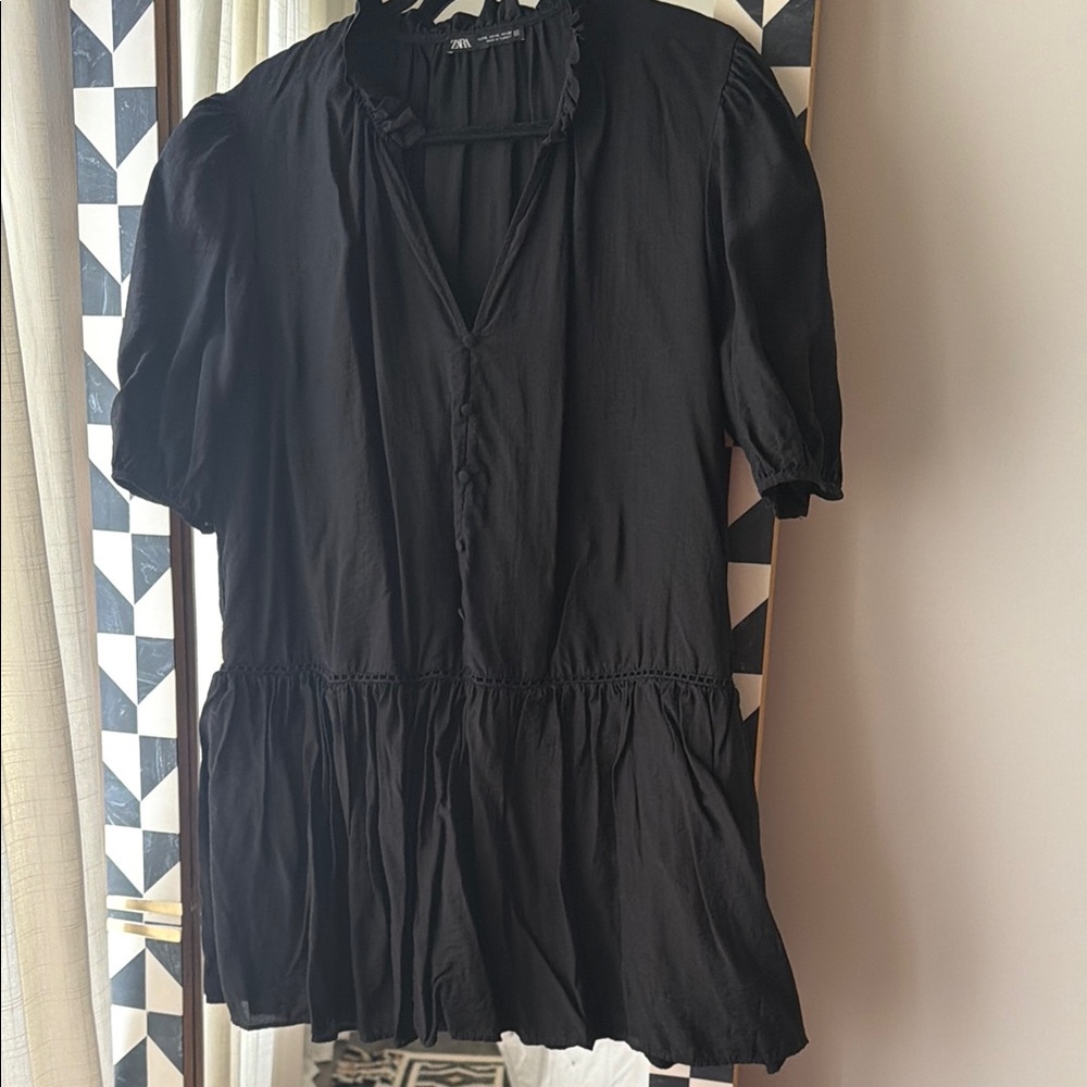 Zara Black Ruffle Peplum Short-Sleeve Top